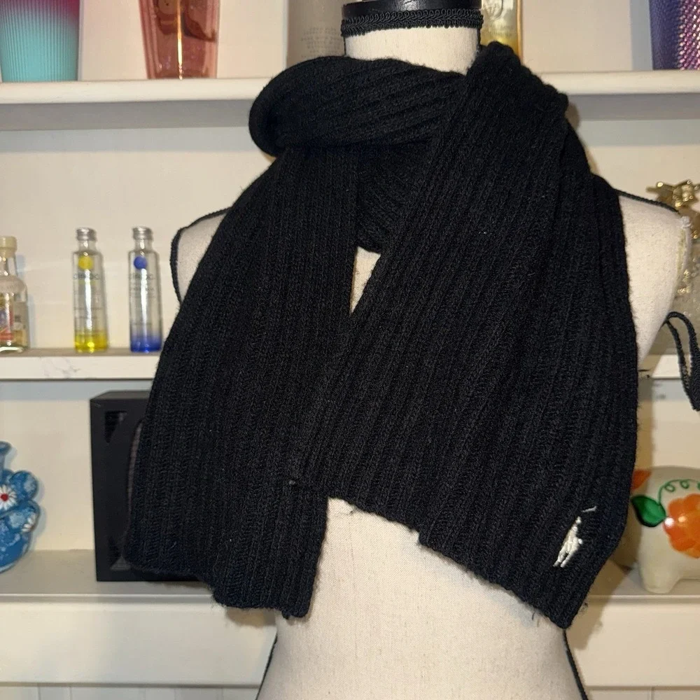 Polo Ralph Lauren Black Unisex Lambswool Knit Scarf